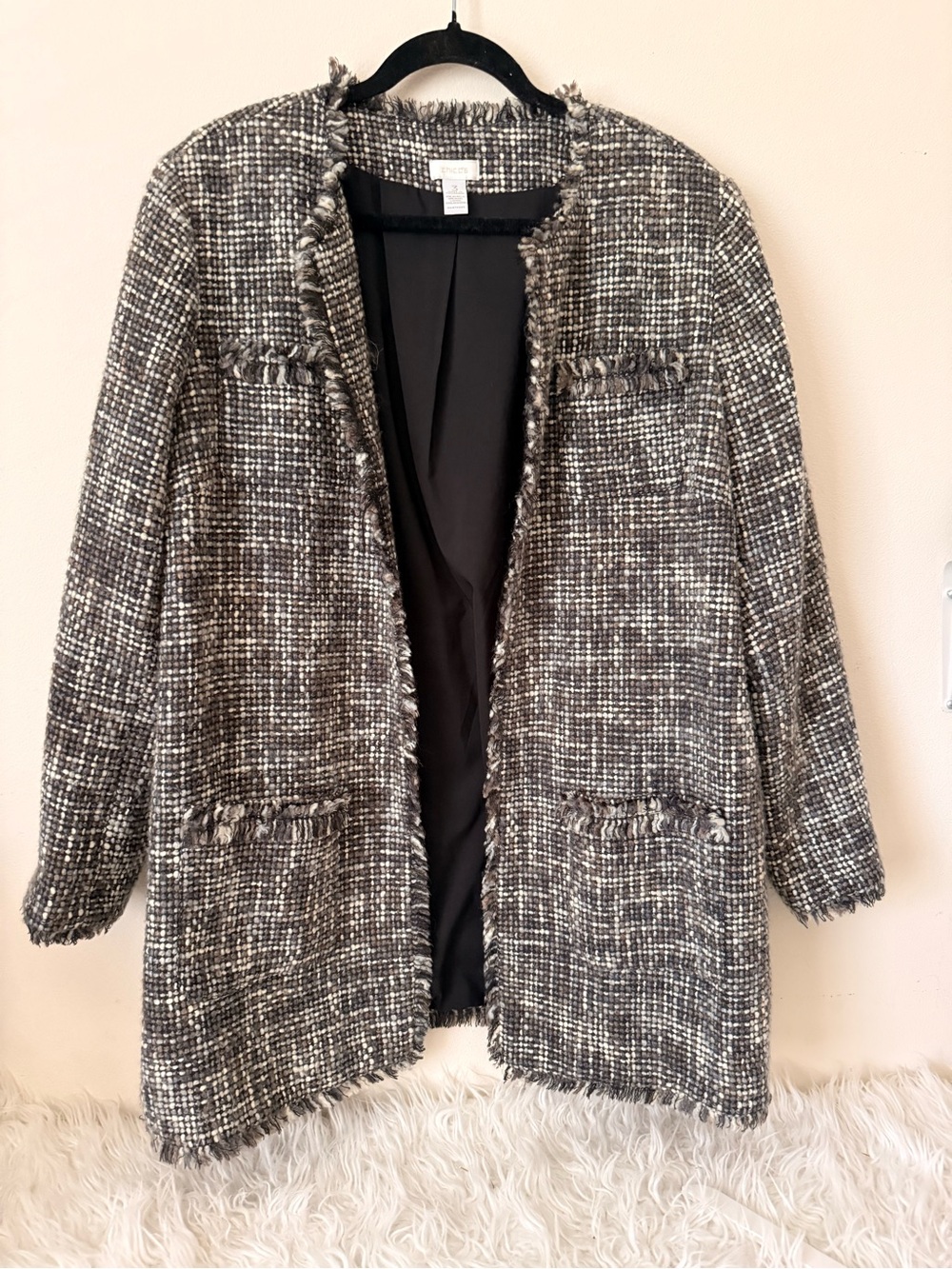 Chico's Black & White Fringe-Trim Tweed Open Front Coatigan
